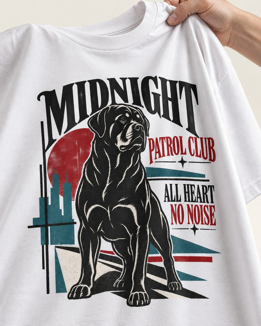 Rottweiler Midnight Patrol Club T-Shirt in White, close-up of the graphic