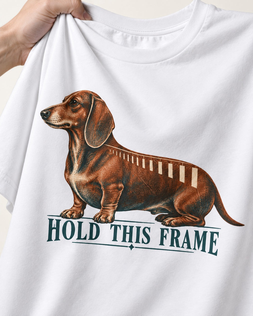Dachshund Hold This Frame T-Shirt in White, close-up of the graphic