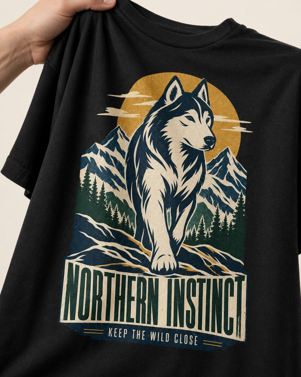 Husky Northern Instinct Mountain Sentinel T-Shirt in Black, close-up of the graphic