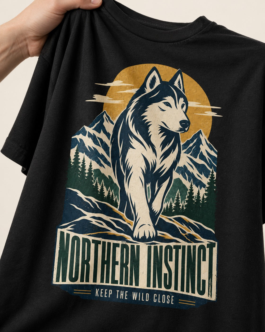 Husky Northern Instinct Mountain Sentinel T-Shirt in Black, close-up of the graphic