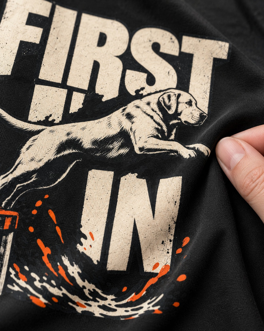 First In Dock Jump Labrador Retriever Graphic T-Shirt in Black, close-up of the graphic