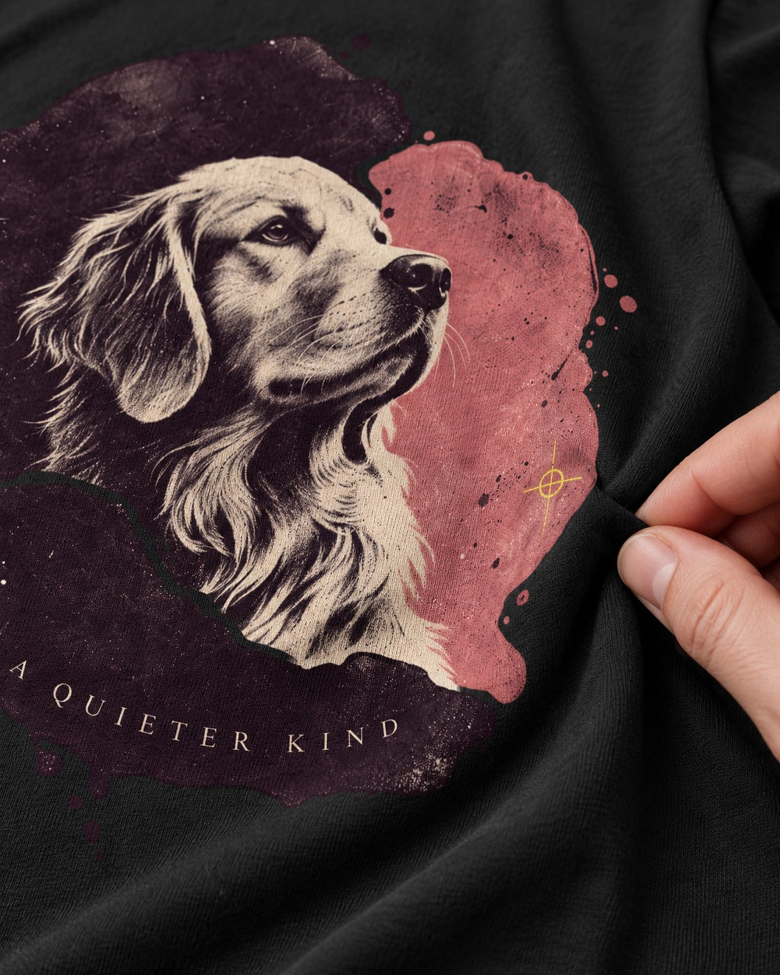 Golden Retriever A Quieter Kind Ink Wash Portrait Graphic T-Shirt in Black, close-up of the graphic