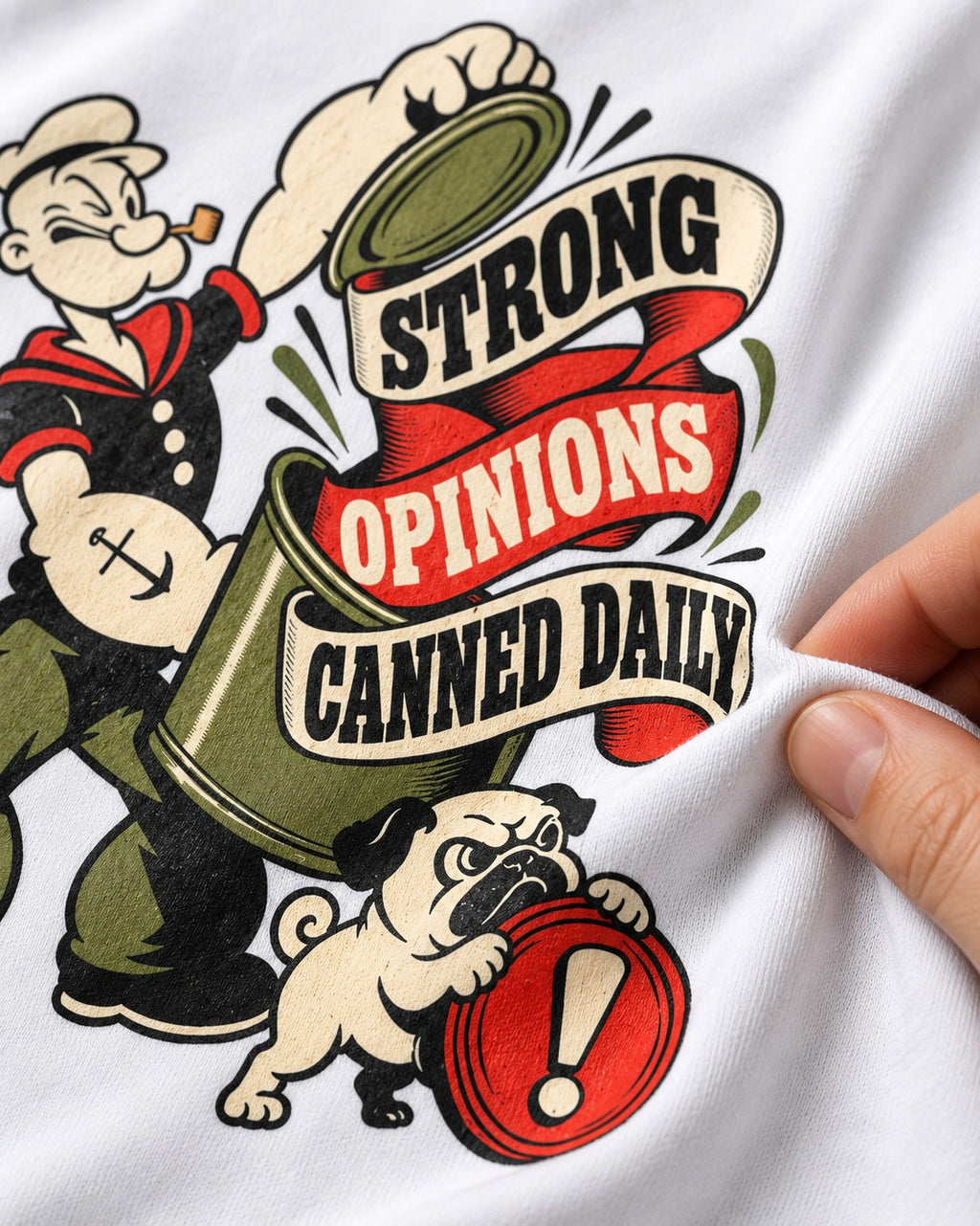 Pug Strong Opinions T-Shirt in White, close-up of the graphic