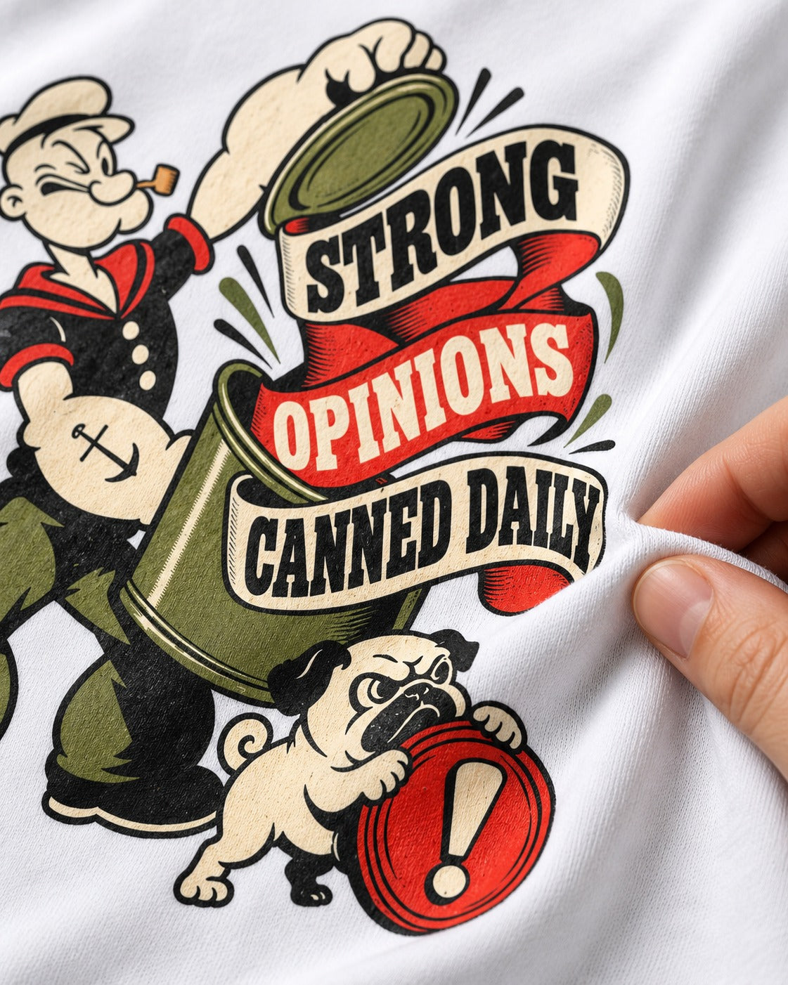 Pug Strong Opinions T-Shirt in White, close-up of the graphic