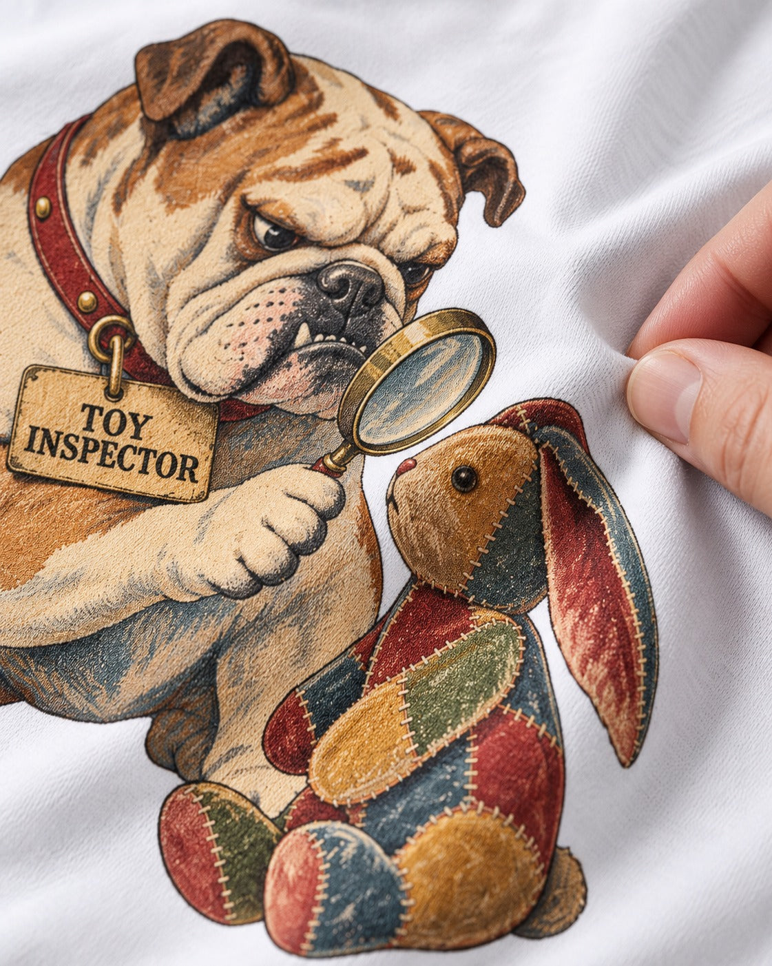 English Bulldog Toy Inspector T-Shirt in White, close-up of the graphic