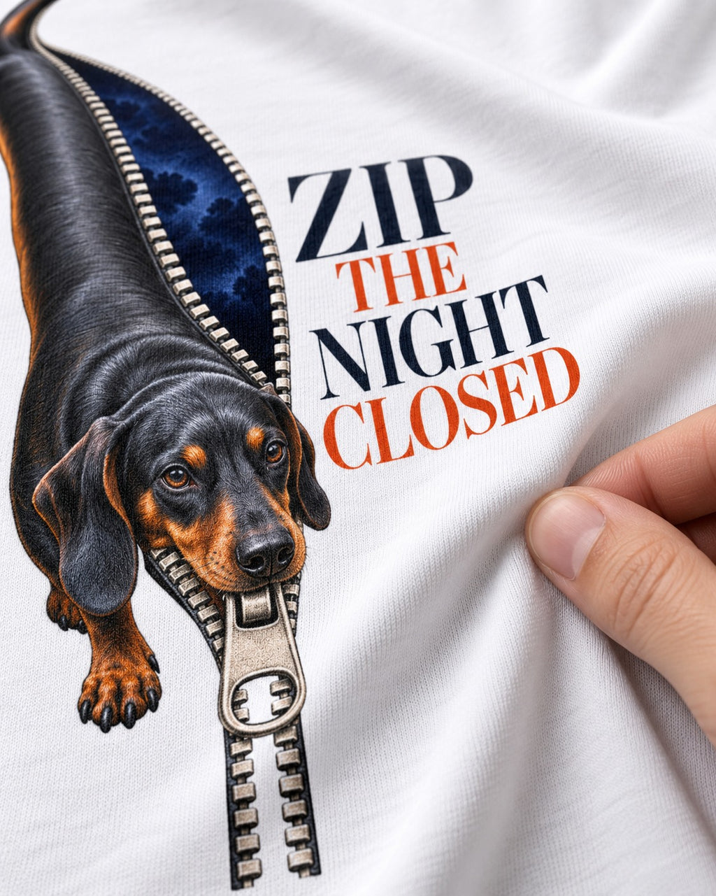 Zip the Night Closed Dachshund T-Shirt in White, close-up of the graphic