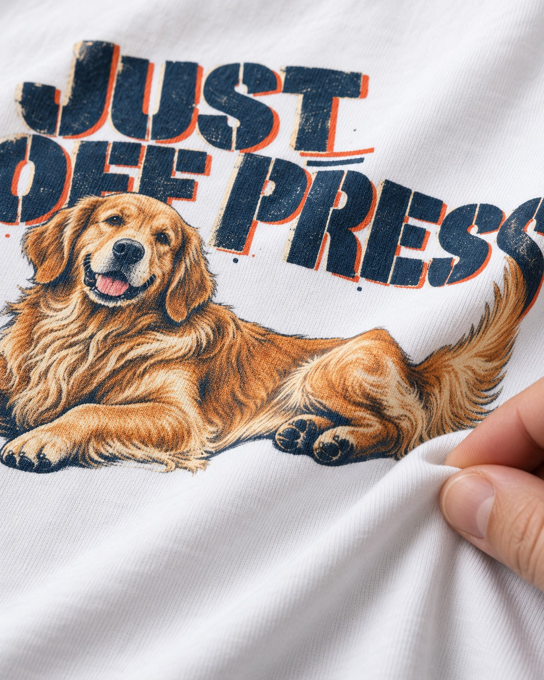 Golden Retriever Just Off Press T-Shirt in White, close-up of the graphic