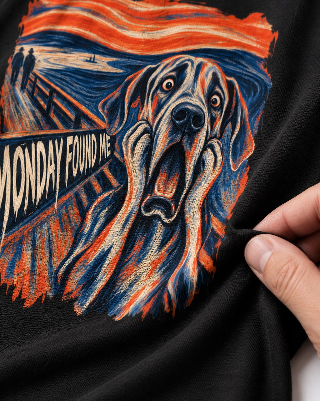 Great Dane Monday Found Me Scream Parody Graphic T-Shirt in Black, close-up of the graphic