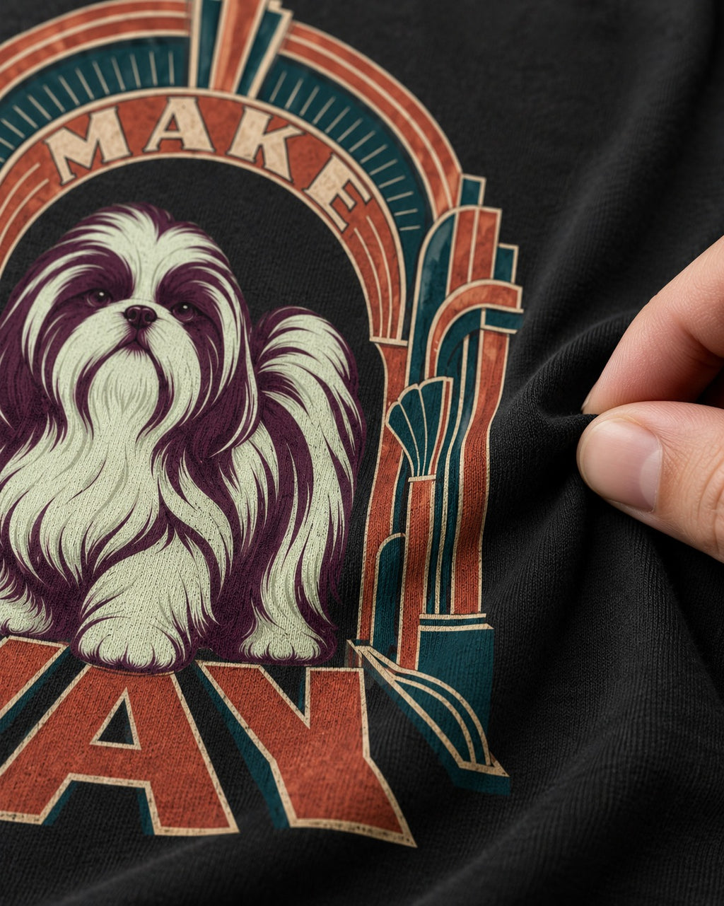 Shih Tzu Make Way Art Deco Arch Portrait T-Shirt in Black, close-up of the graphic