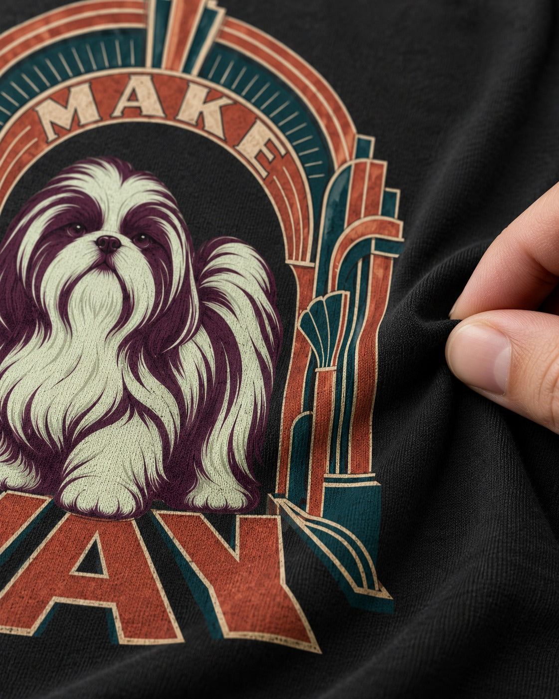 Shih Tzu Make Way Art Deco Arch Portrait T-Shirt in Black, close-up of the graphic