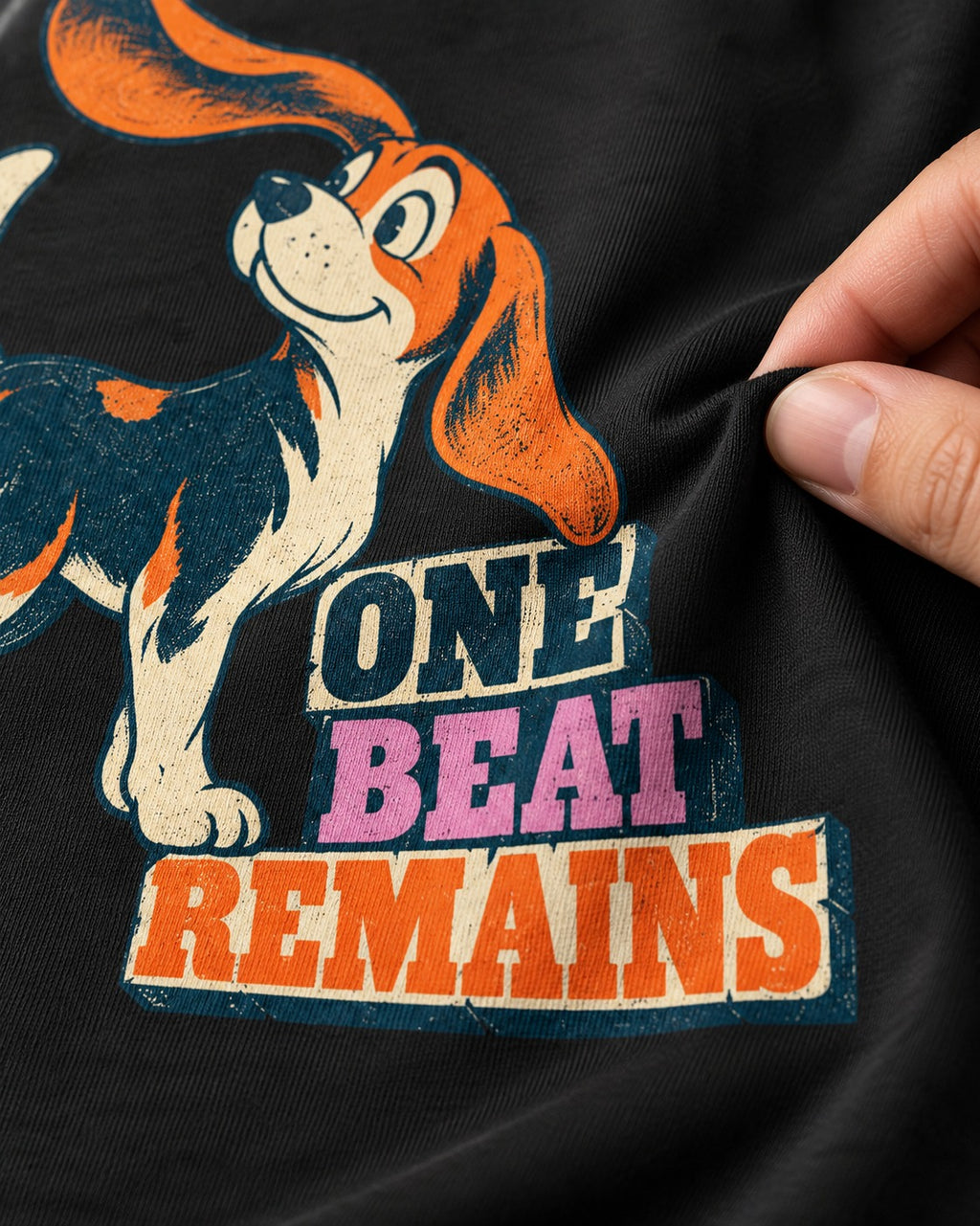 Retro Beagle One Beat Remains T-Shirt in Black, close-up of the graphic