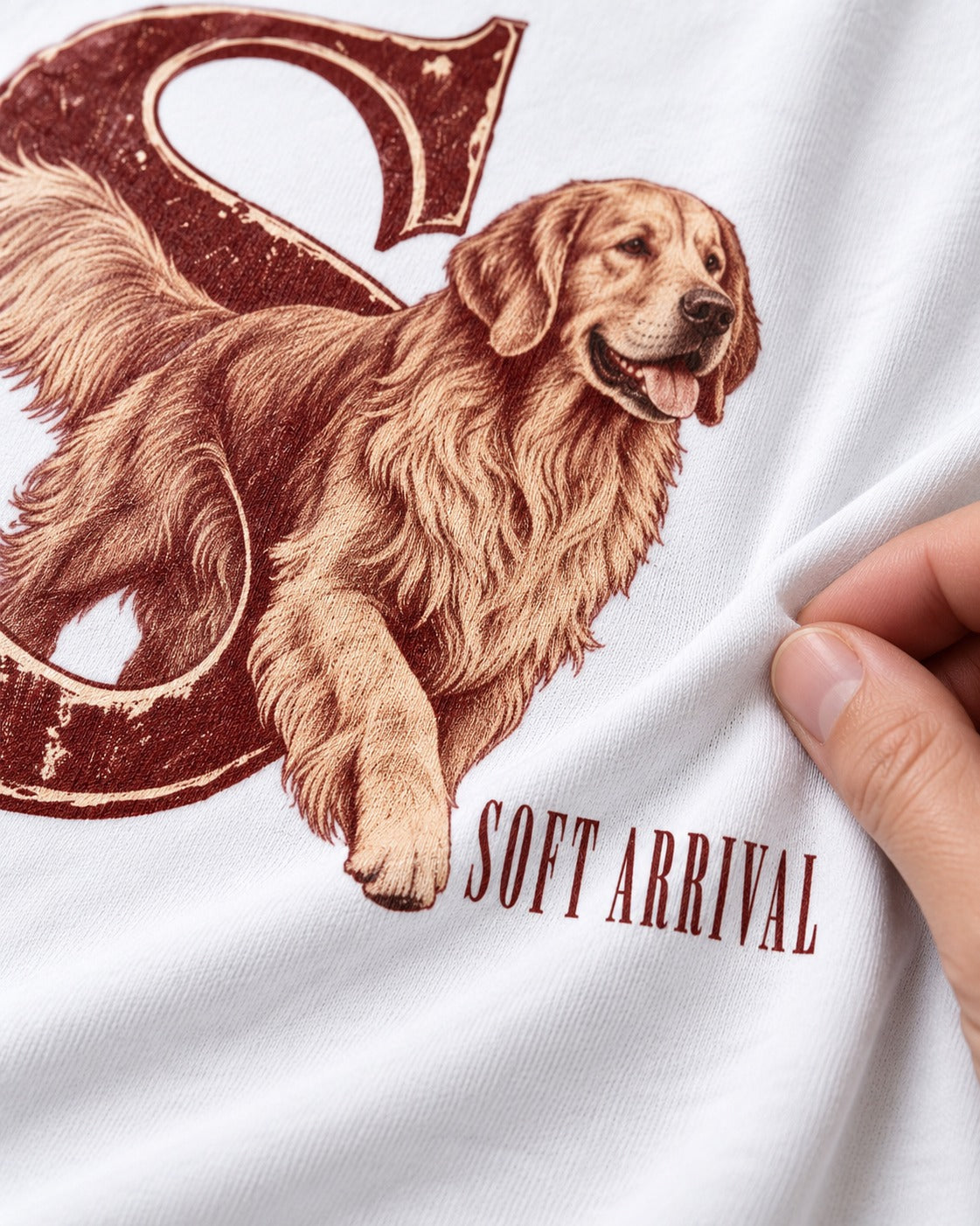 Soft Arrival Golden Retriever T-Shirt in White, close-up of the graphic
