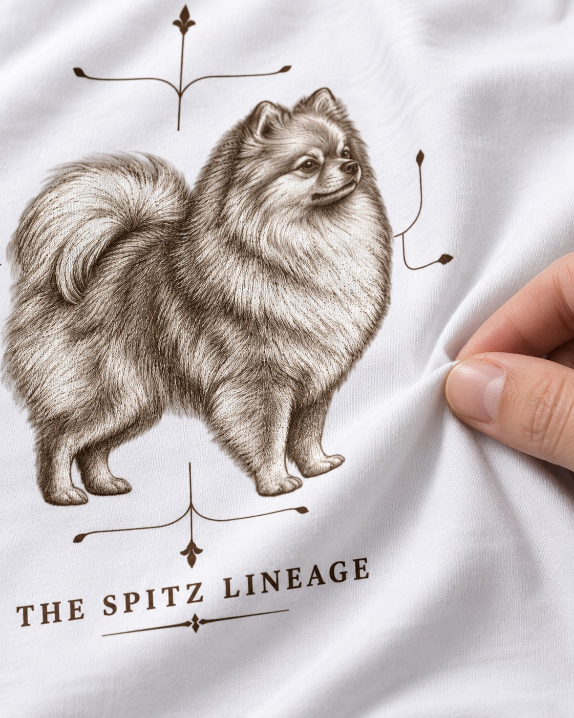 Pomeranian Spitz Lineage T-Shirt in White, close-up of the graphic