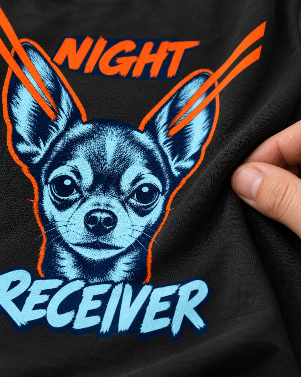 Chihuahua Night Receiver Signal Portrait Graphic T-Shirt in Black, close-up of the graphic
