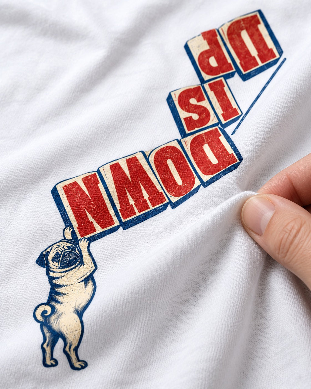 Down Is Up Pug T-Shirt in White, close-up of the graphic