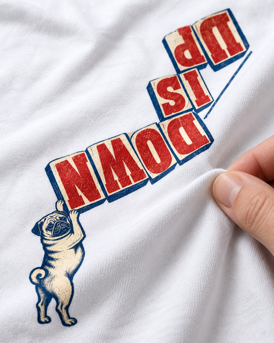 Down Is Up Pug T-Shirt in White, close-up of the graphic