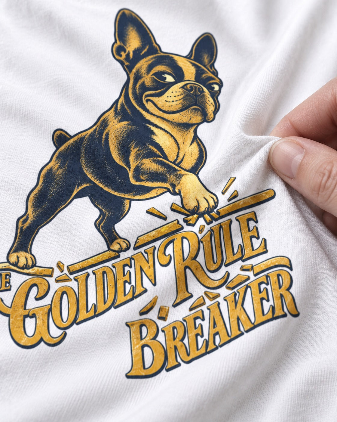 Boston Terrier Golden Rule Breaker T-Shirt in White, close-up of the graphic