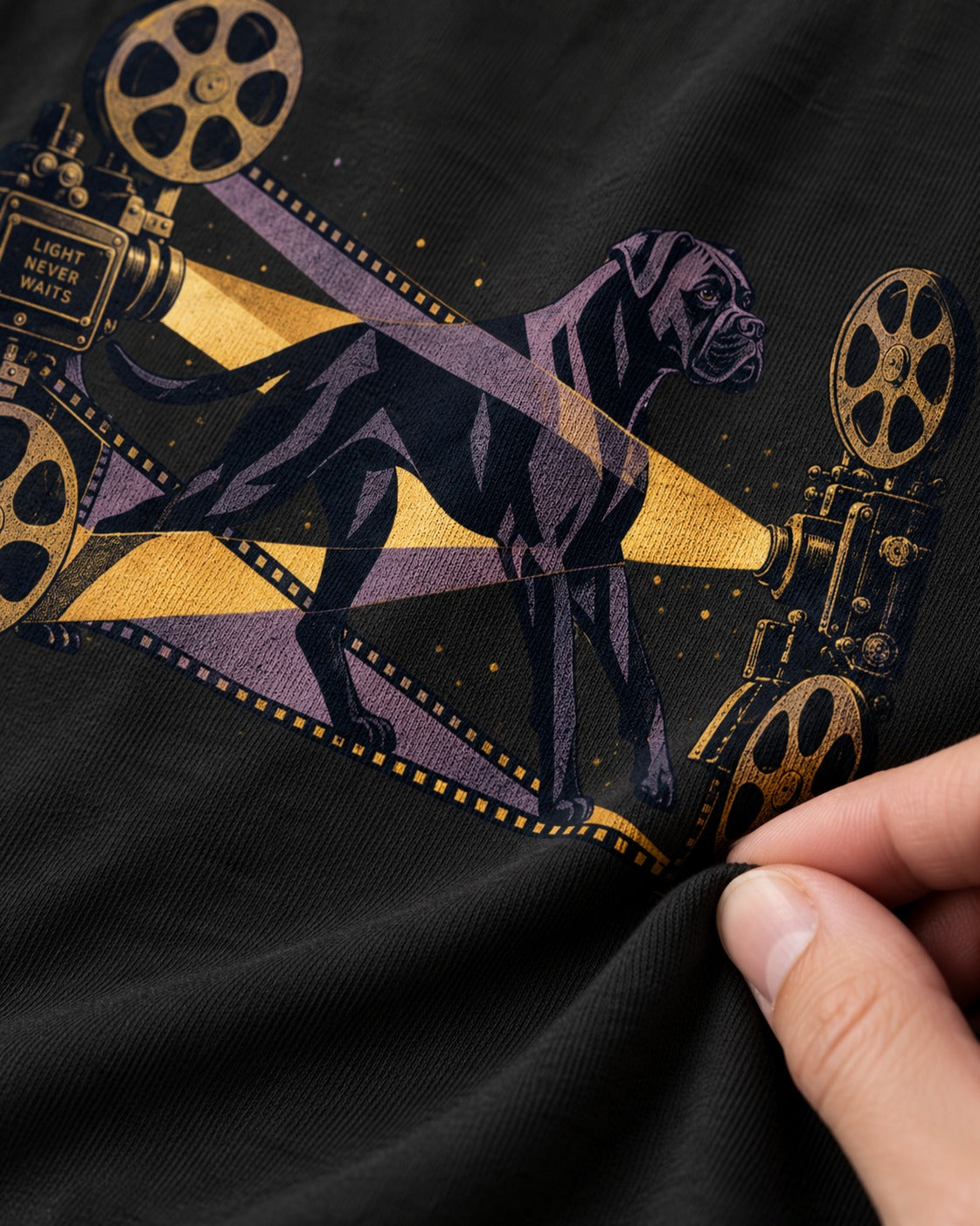 Light Never Waits Boxer Cinema Graphic T-Shirt in Black, close-up of the graphic