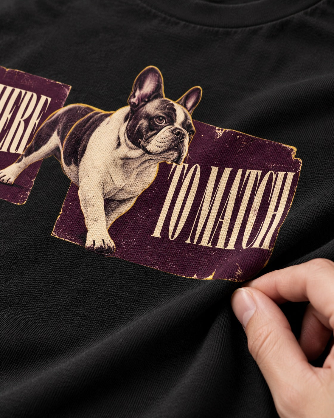 Frenchie Not Here to Watch Panels Graphic T-Shirt in Black, close-up of the graphic