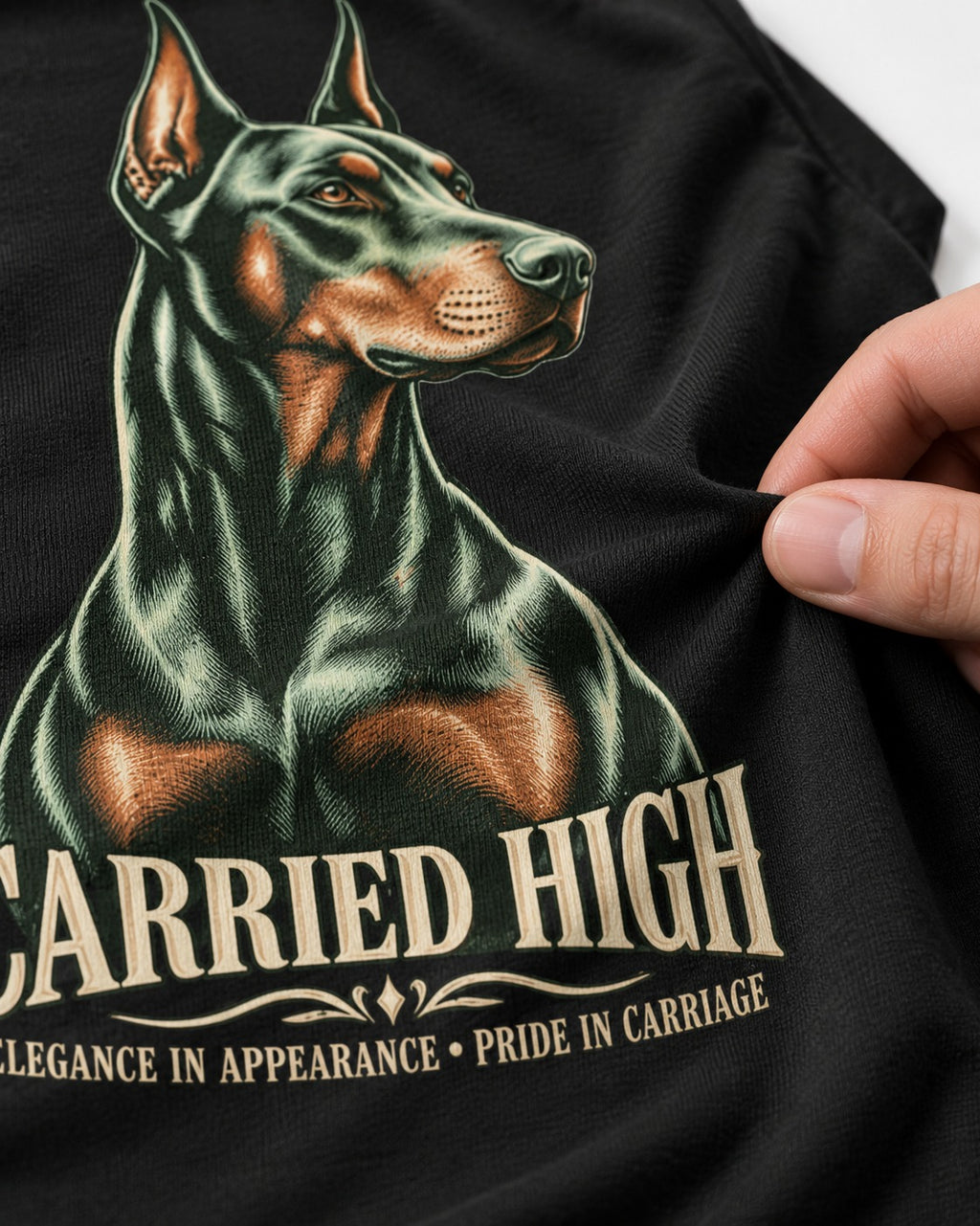 Doberman Carried High Portrait Graphic T-Shirt in Black, close-up of the graphic