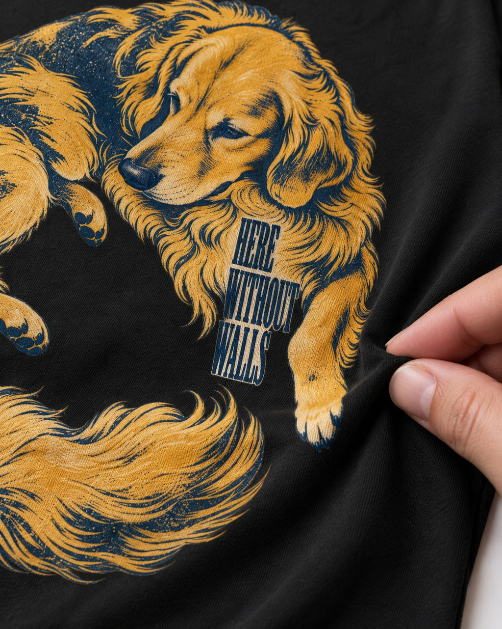 Golden Retriever Here Without Walls Curled Portrait Graphic T-Shirt in Black, close-up of the graphic