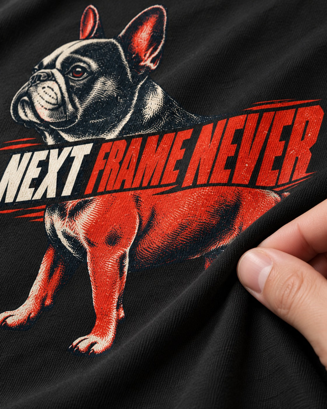 Frenchie Next Frame Never Motion Banner Graphic T-Shirt in Black, close-up of the graphic
