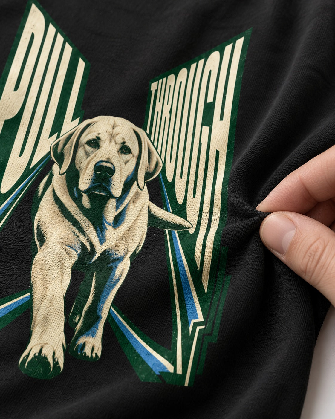 Labrador Retriever Pull Through Perspective Graphic T-Shirt in Black, close-up of the graphic