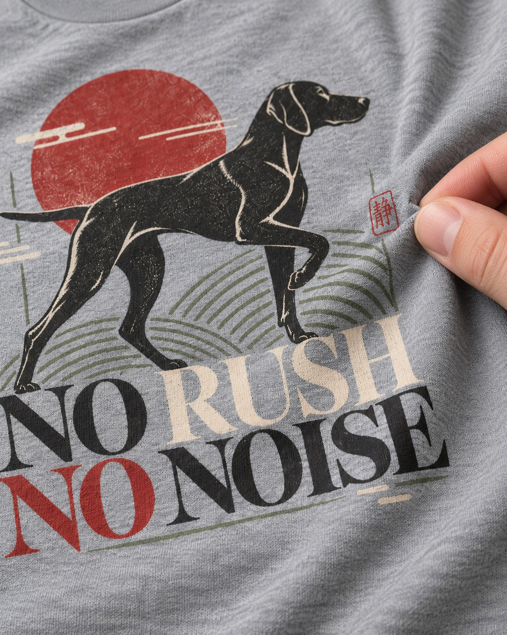German Shorthaired Pointer No Rush No Noise Sunset Graphic T-Shirt in Sport Grey, close-up of the graphic