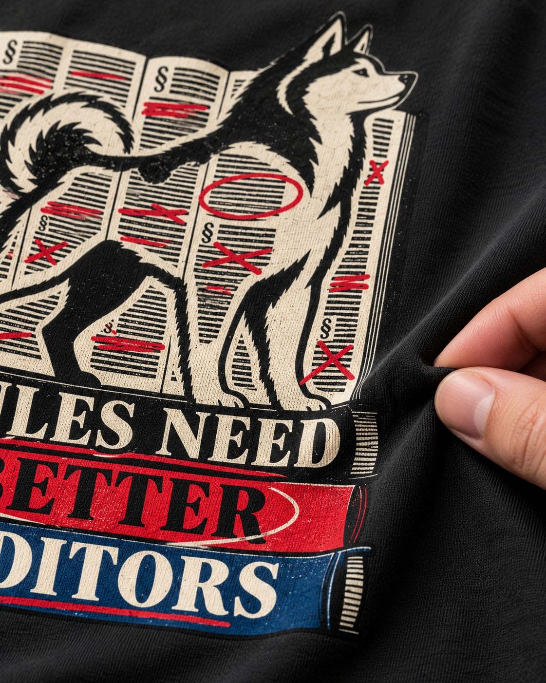 Husky Rules Need Better Editors Book Stack Graphic T-Shirt in Black, close-up of the graphic