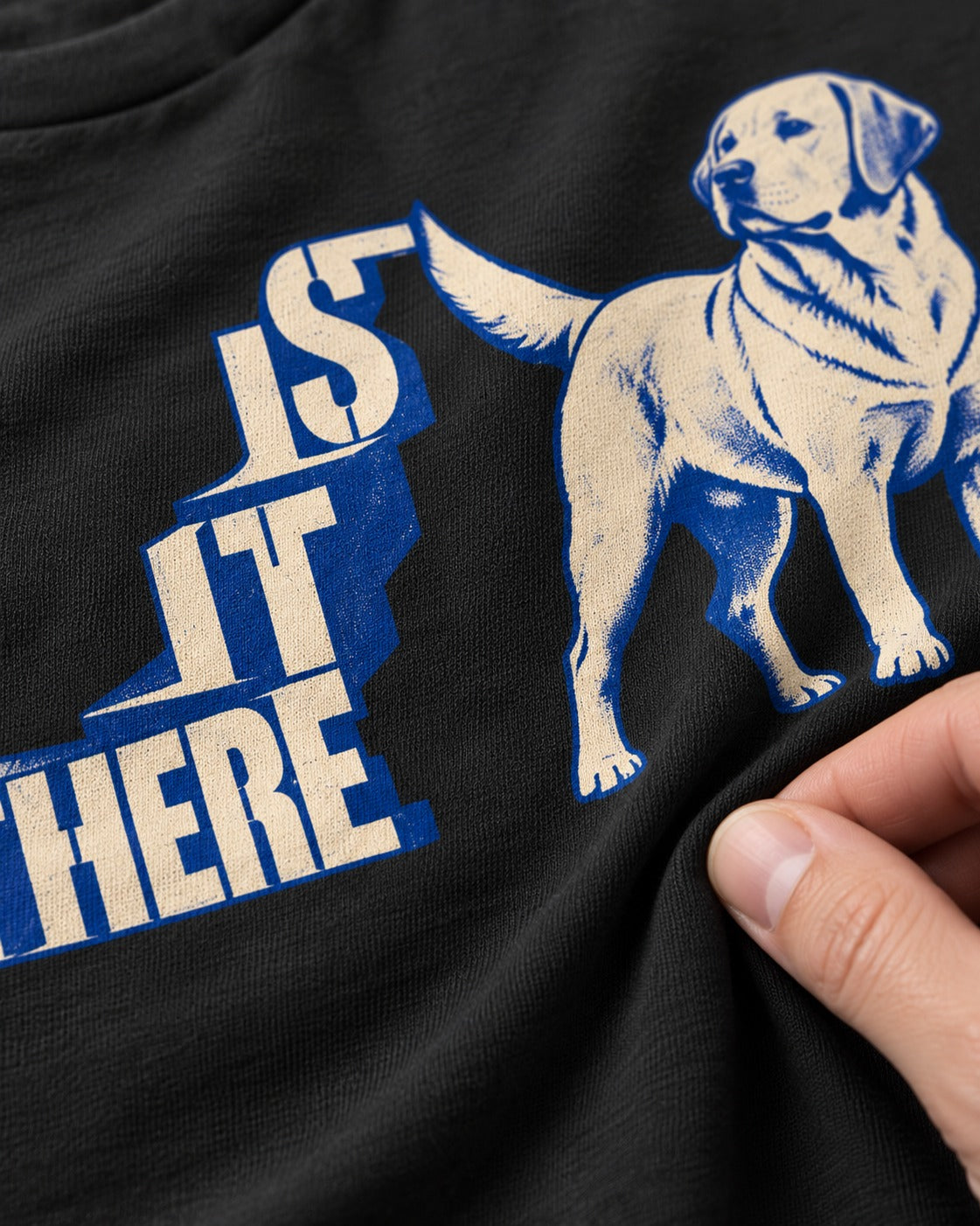 Labrador Retriever Is It There Stair-Step Graphic T-Shirt in Black, close-up of the graphic