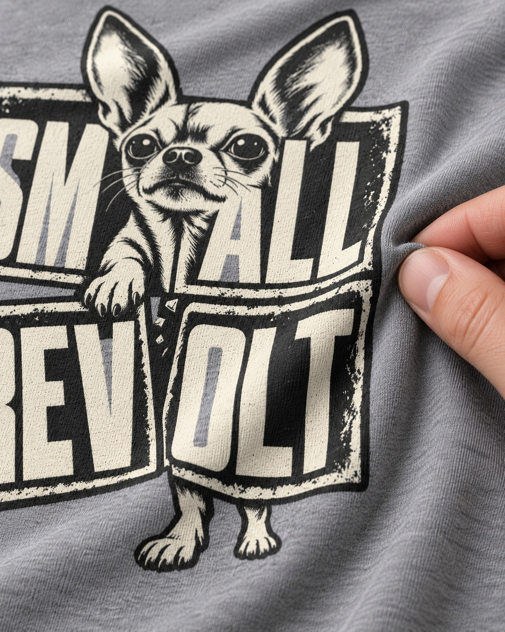 Chihuahua Small Revolt Broken Grid Graphic T-Shirt in Sport Grey, close-up of the graphic