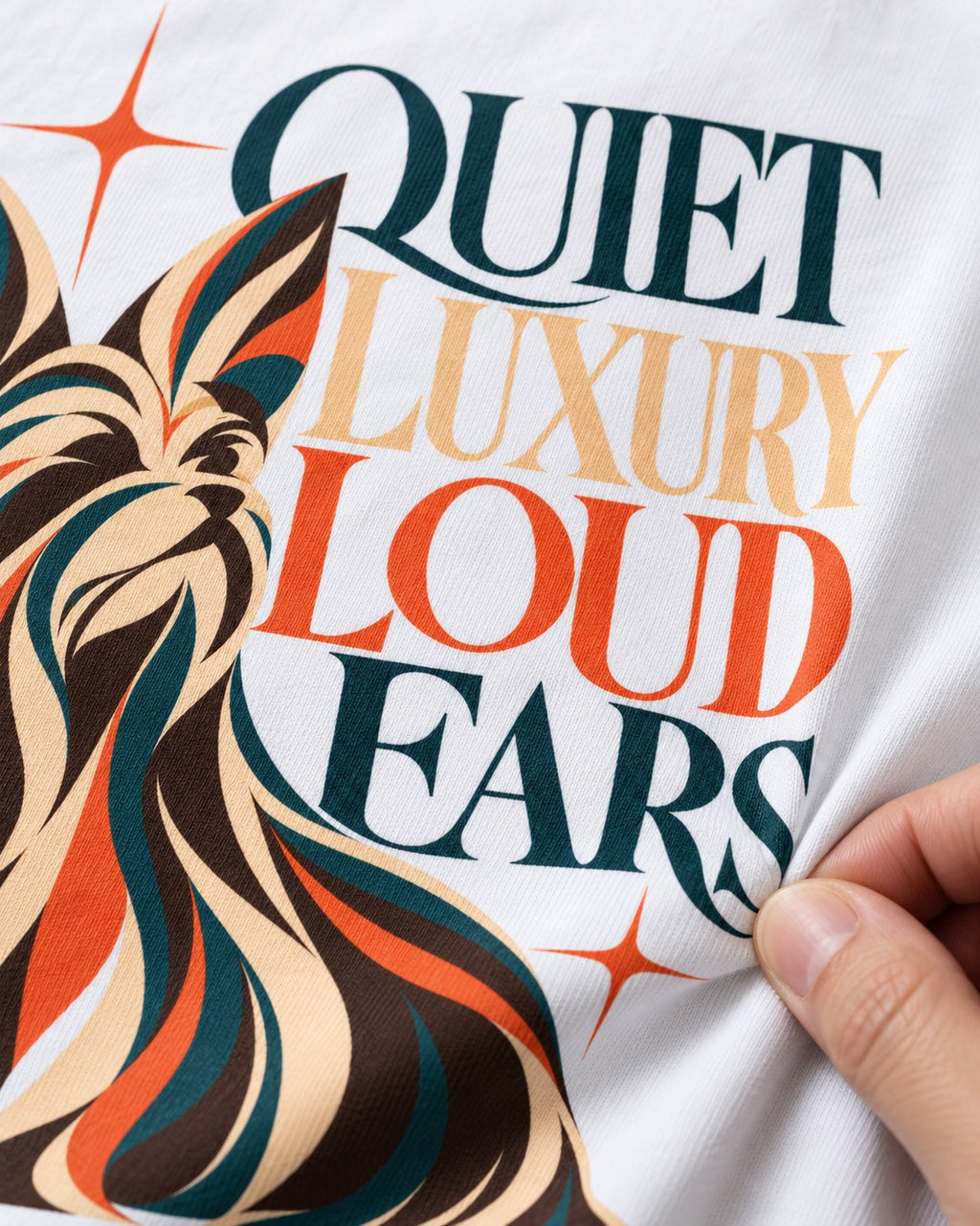 Quiet Luxury Loud Ears Yorkshire Terrier T-Shirt in White, close-up of the graphic