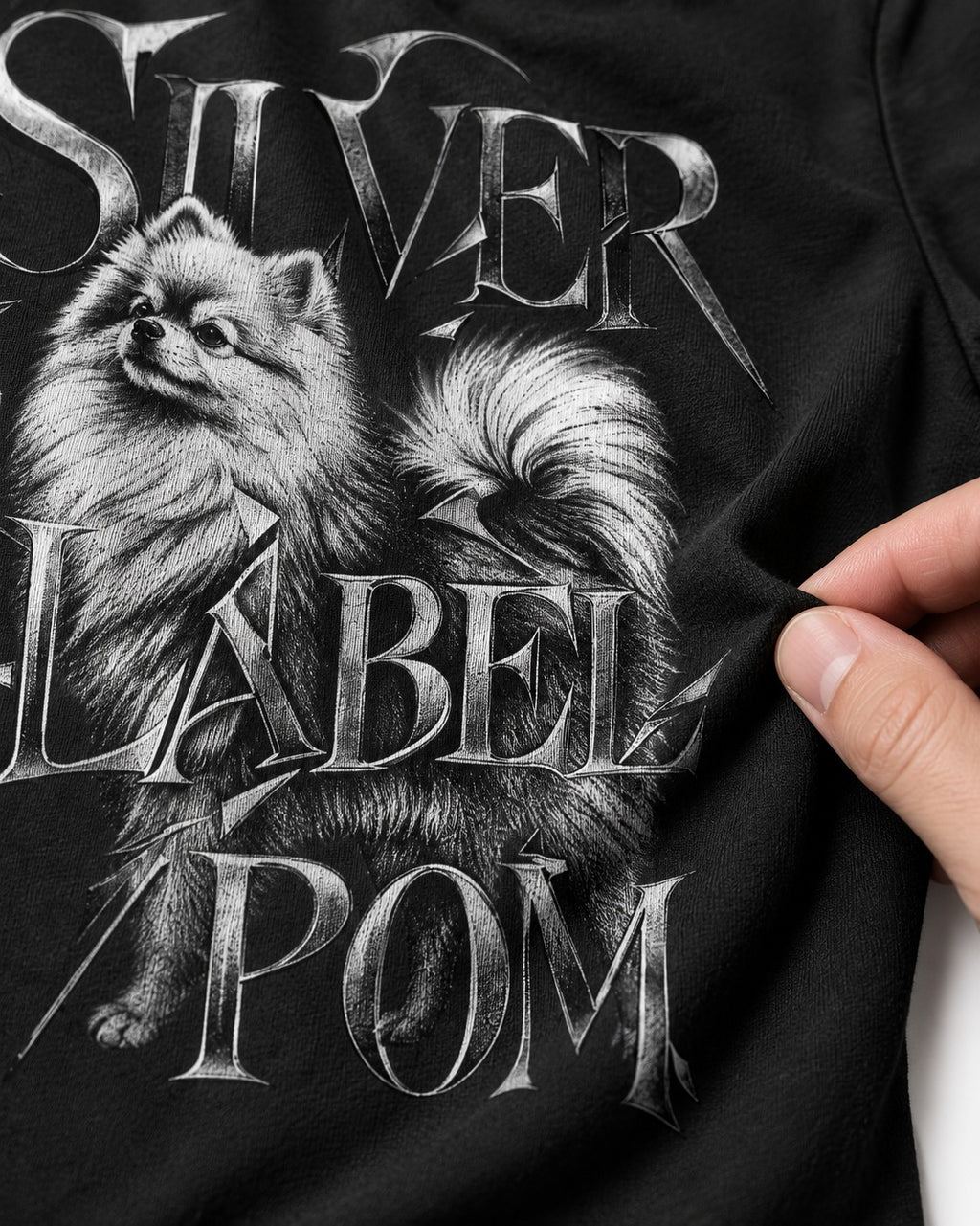 Pomeranian Silver Label Metallic Typography Graphic T-Shirt in Black, close-up of the graphic