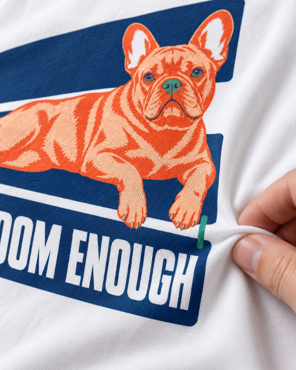 Room Enough for Frenchie T-Shirt in White, close-up of the graphic