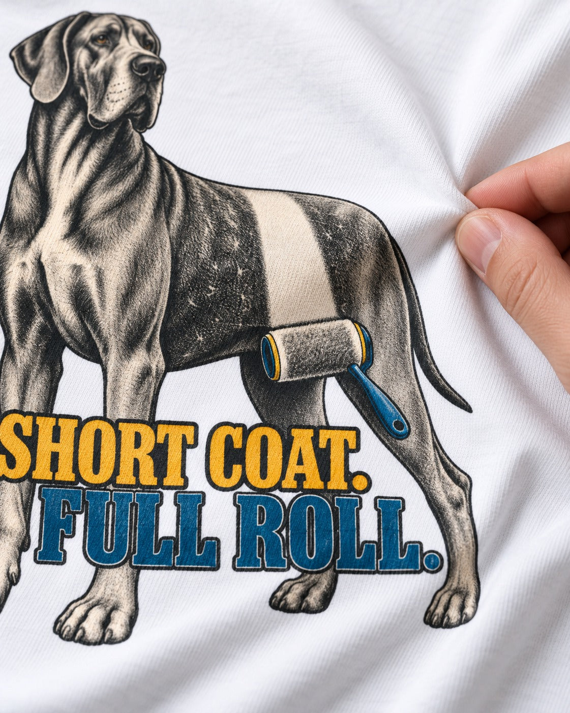 Short Coat Full Roll Great Dane T-Shirt in White, close-up of the graphic
