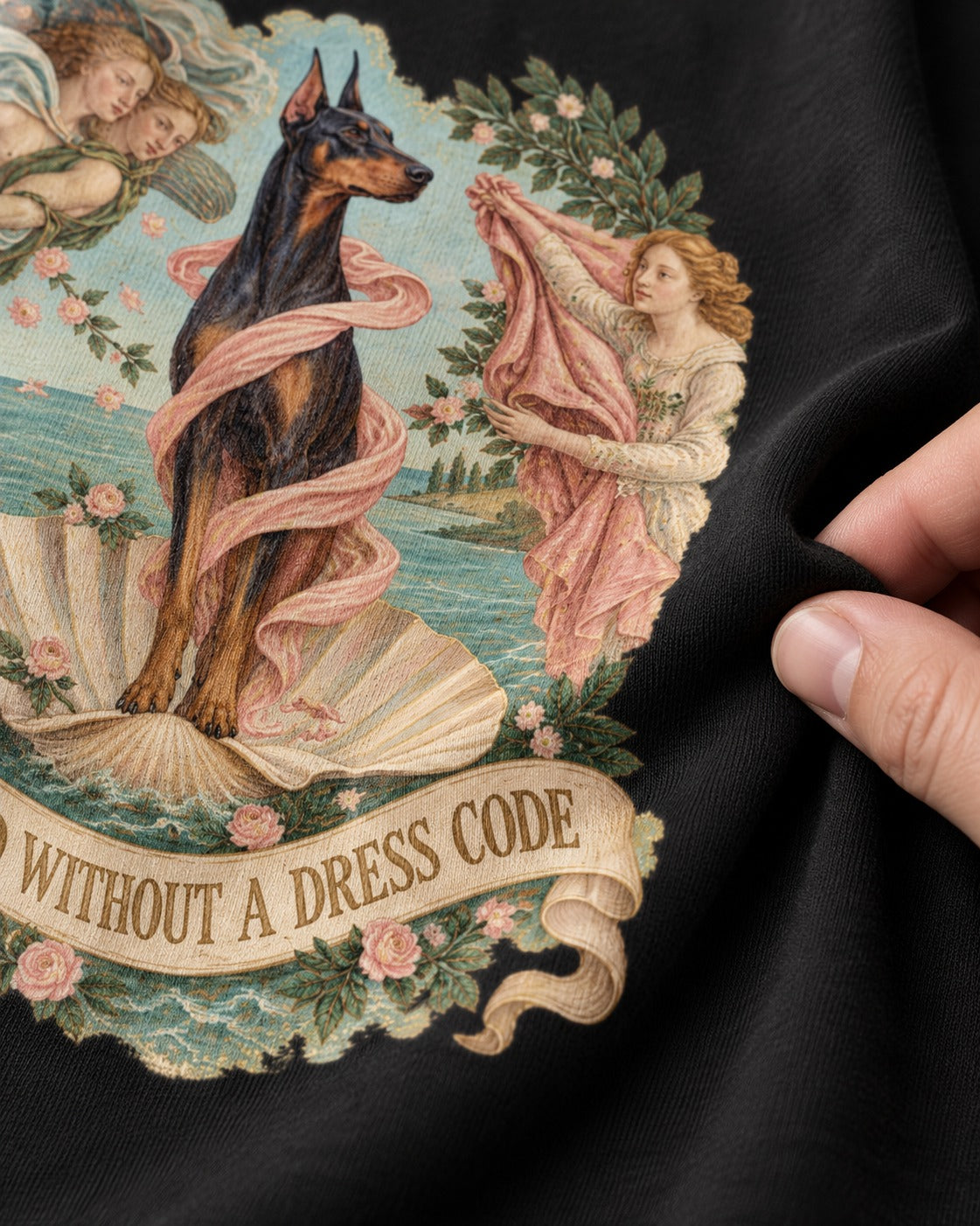 Doberman Arrived Without a Dress Code Renaissance Graphic T-Shirt in Black, close-up of the graphic