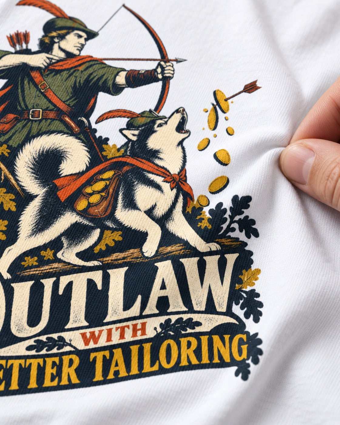 Husky Outlaw with Better Tailoring T-Shirt in White, close-up of the graphic
