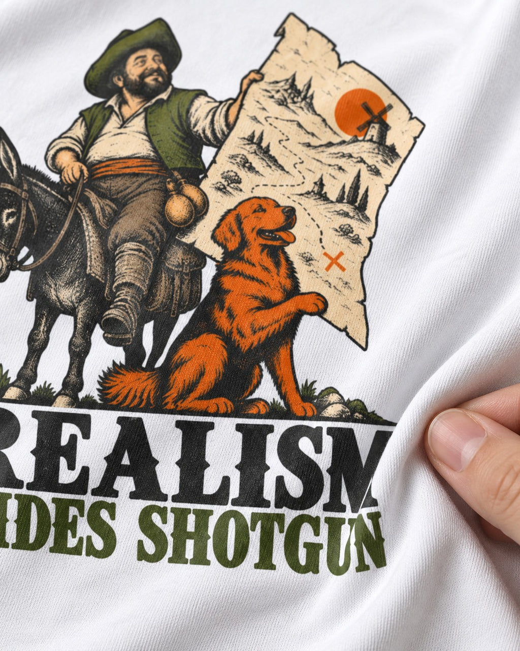 Realism Rides Shotgun with Golden Retriever T-Shirt in White, close-up of the graphic