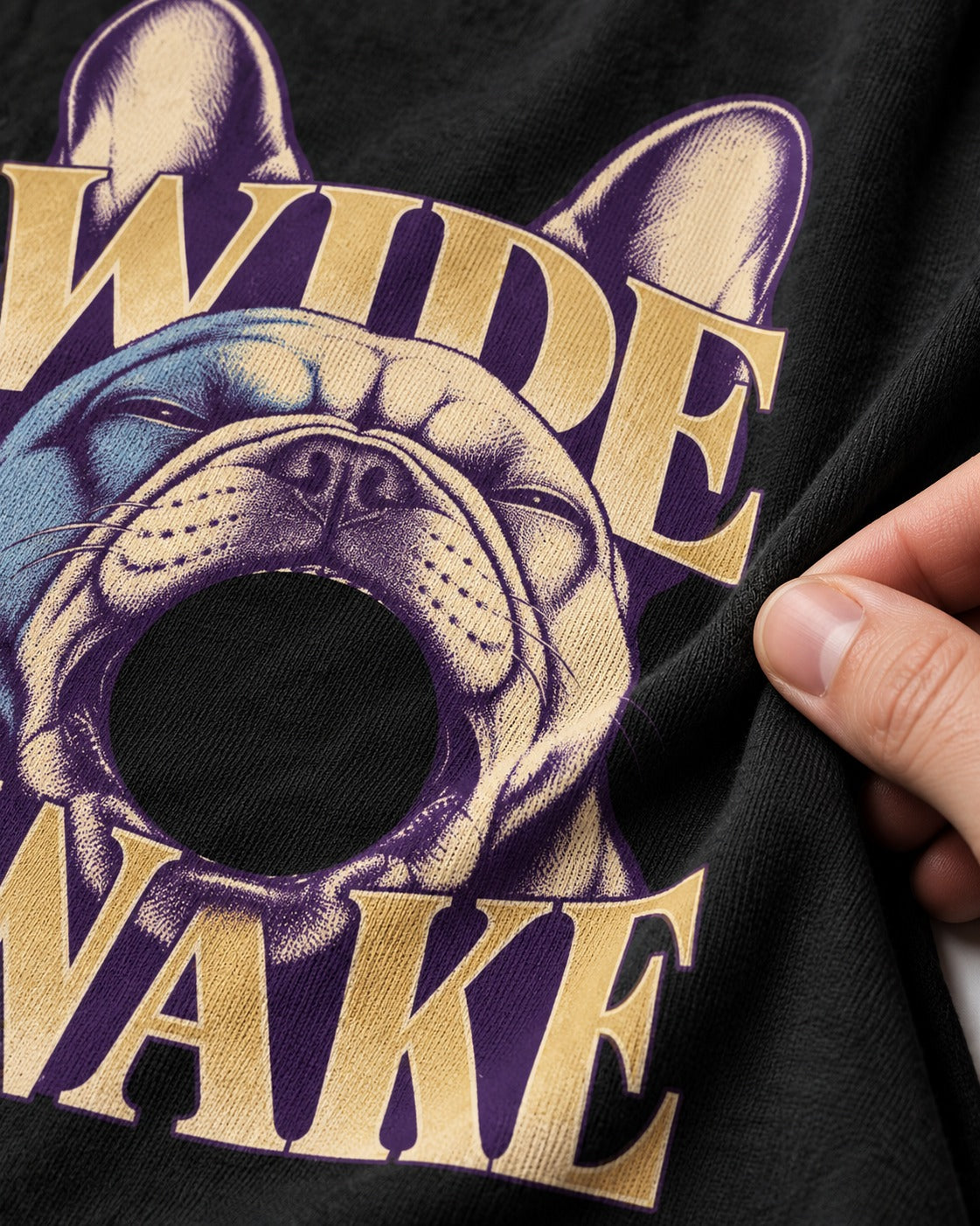 Frenchie Wide Awake Yawn Graphic T-Shirt in Black, close-up of the graphic