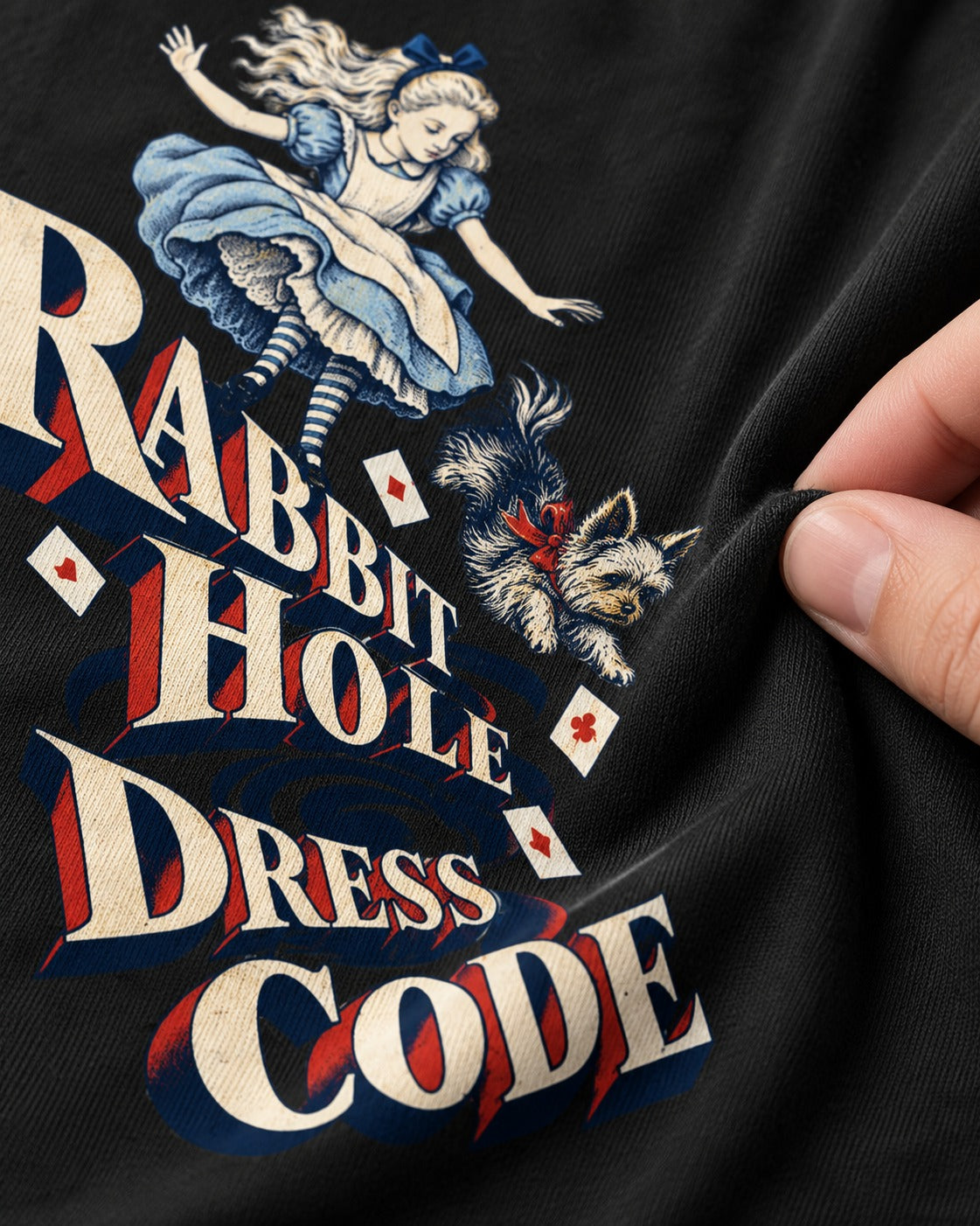 Yorkshire Terrier Rabbit Hole Dress Code Wonderland Graphic T-Shirt in Black, close-up of the graphic