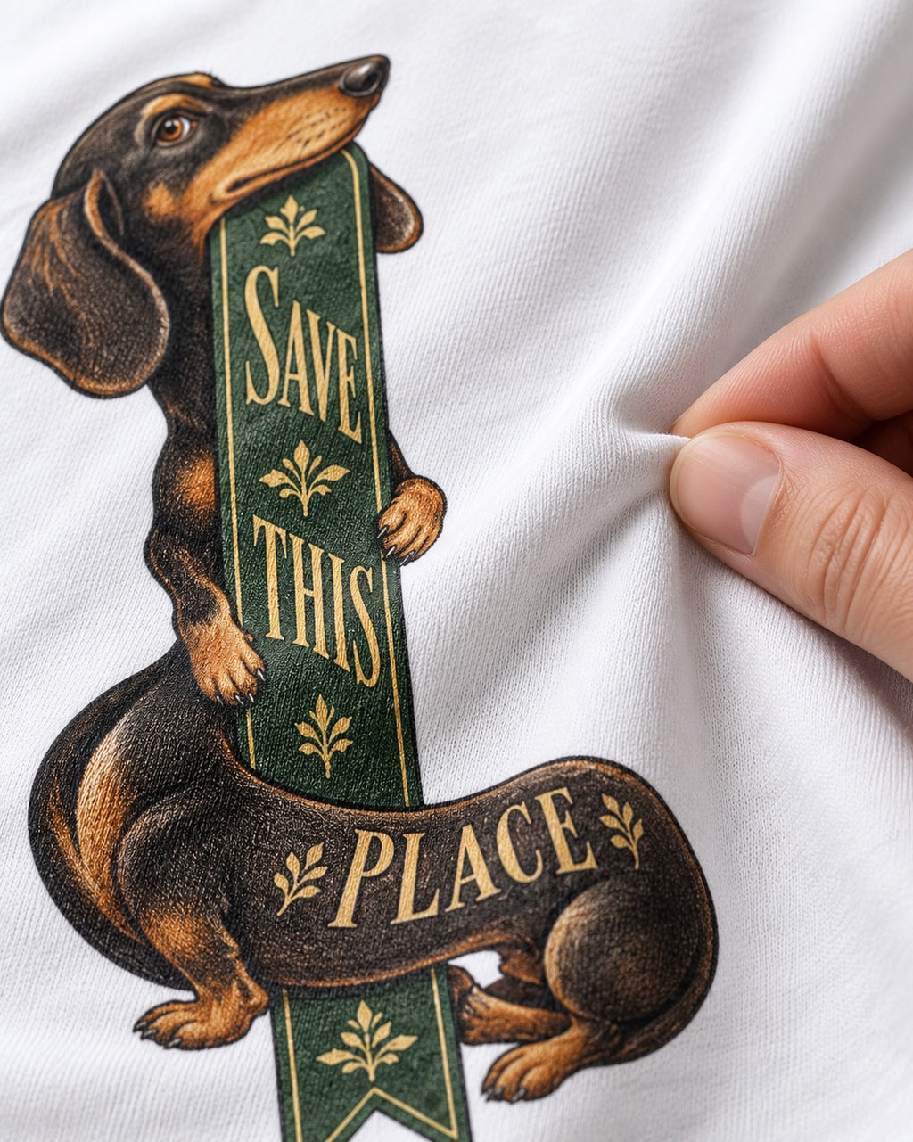 Save This Place Dachshund T-Shirt in White, close-up of the graphic
