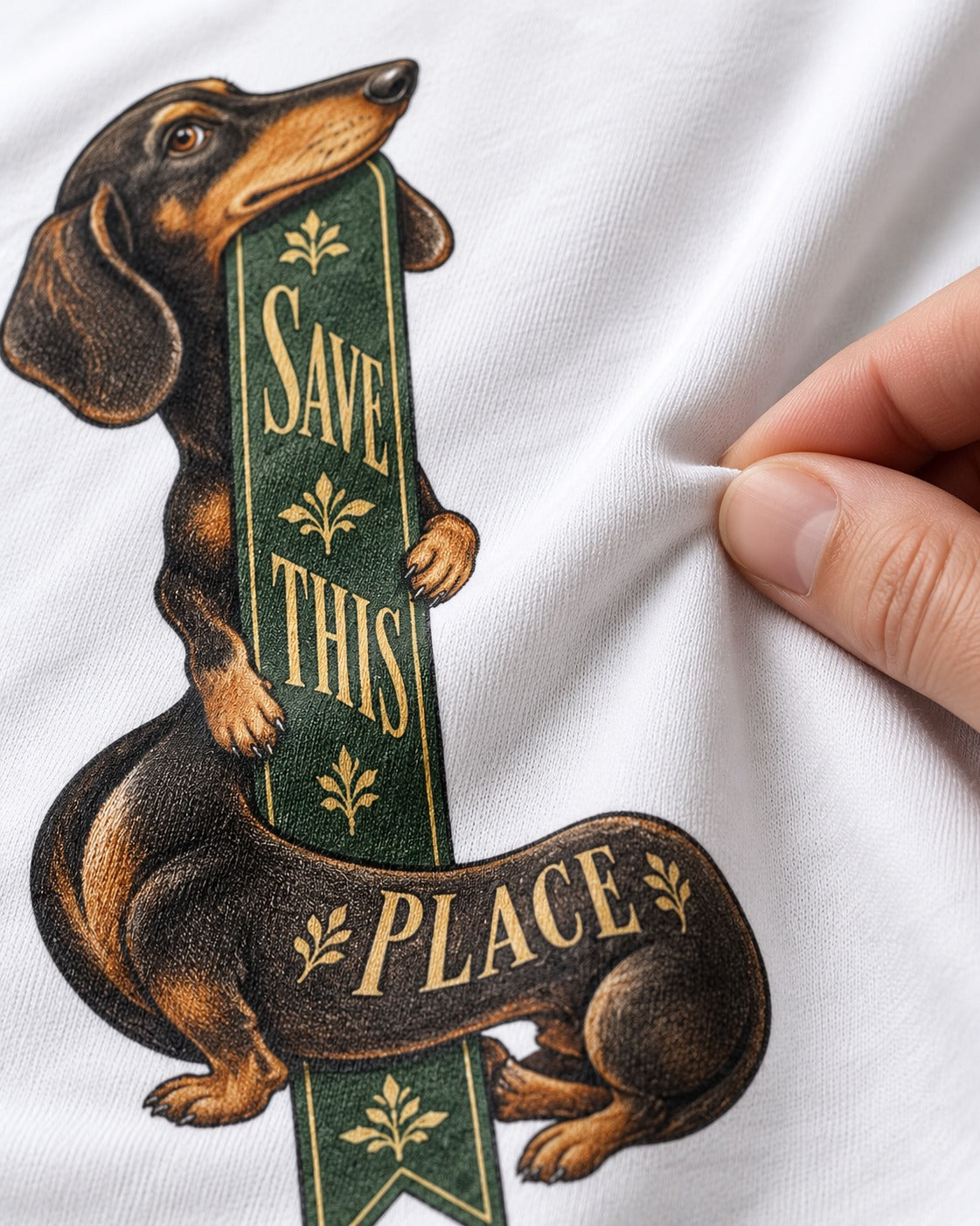 Save This Place Dachshund T-Shirt in White, close-up of the graphic