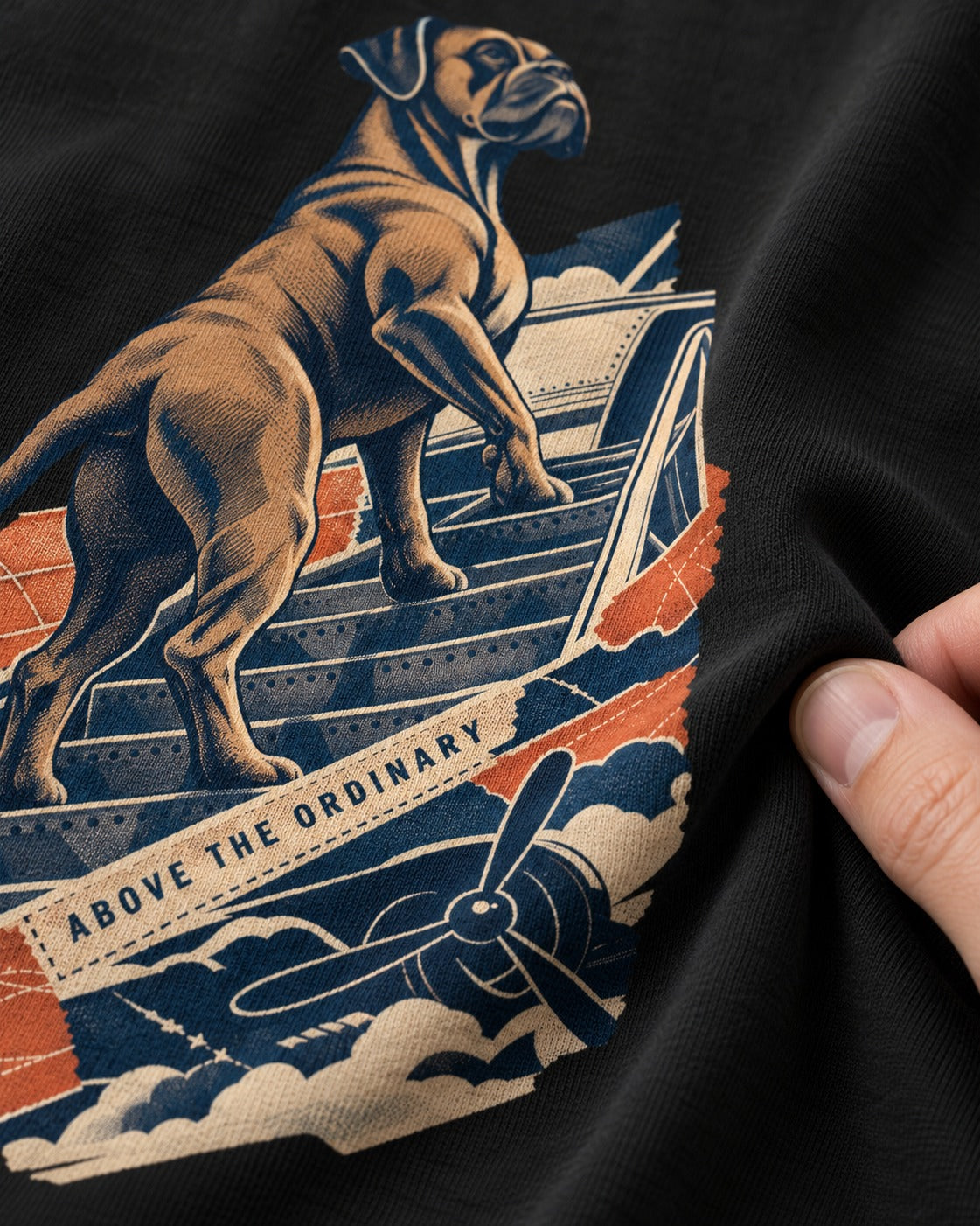 Above the Ordinary Boxer Aviation Graphic T-Shirt in Black, close-up of the graphic