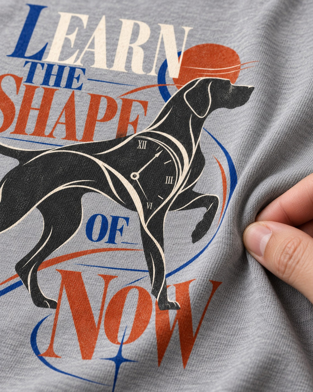German Shorthaired Pointer Learn the Shape of Now Clock Graphic T-Shirt in Sport Grey, close-up of the graphic