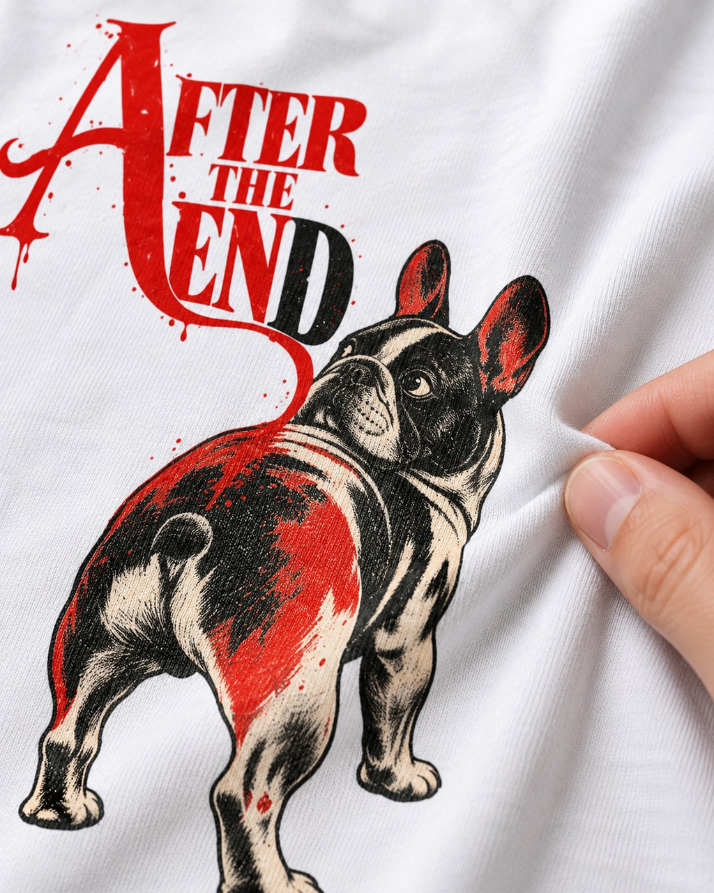 Frenchie After the End T-Shirt in White, close-up of the graphic