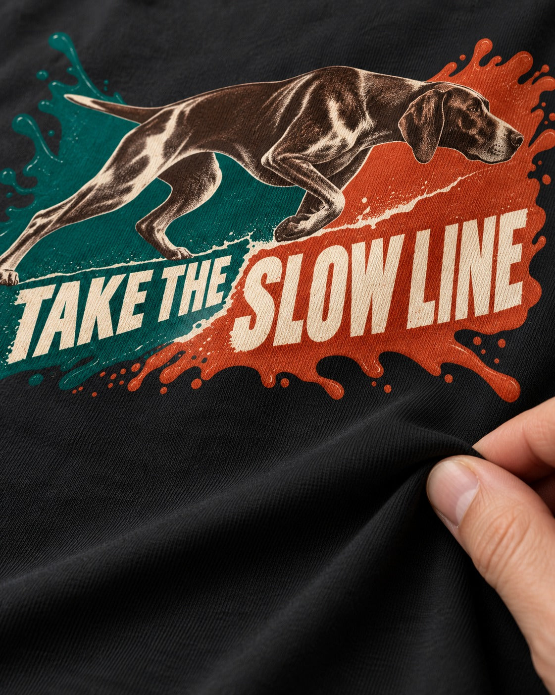 German Shorthaired Pointer Take The Slow Line Paint Splash Graphic T-Shirt in Black, close-up of the graphic