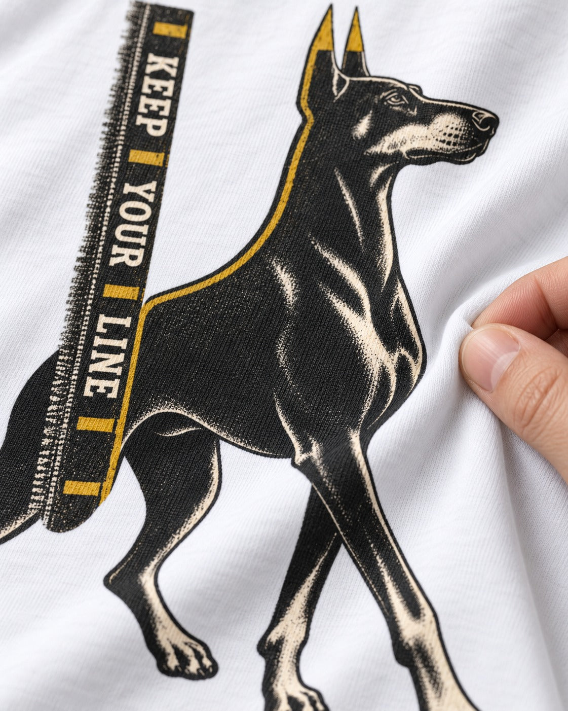 Keep Your Line Doberman T-Shirt in White, close-up of the graphic