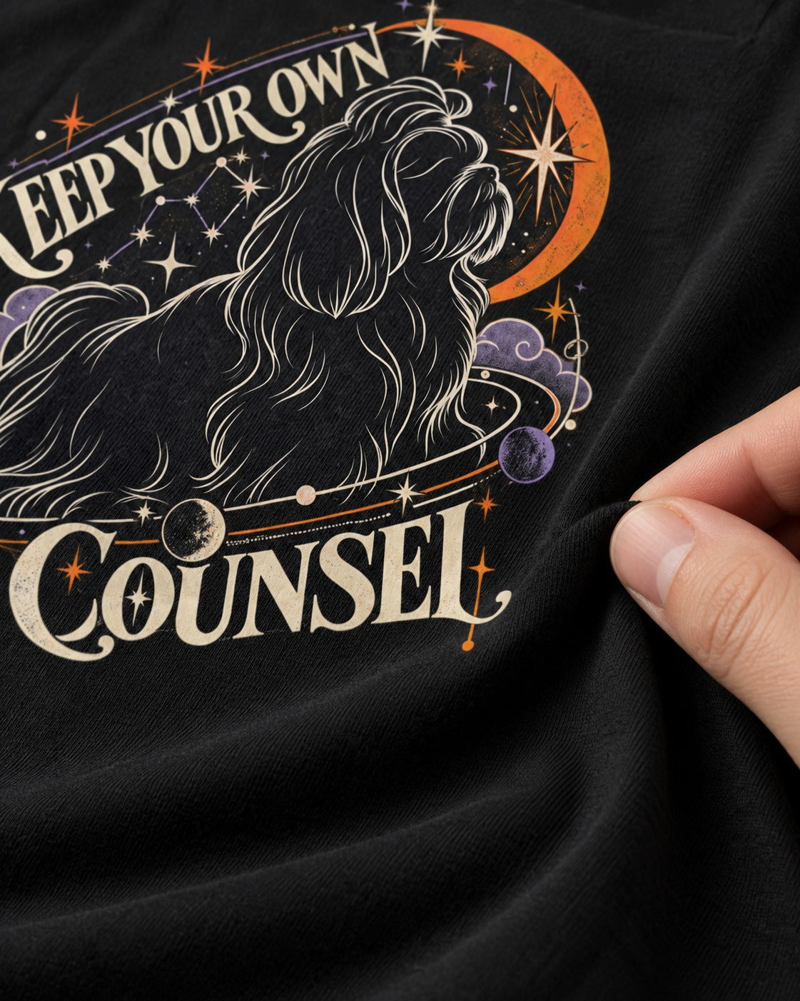 Shih Tzu Keep Your Own Counsel Celestial Graphic T-Shirt in Black, close-up of the graphic