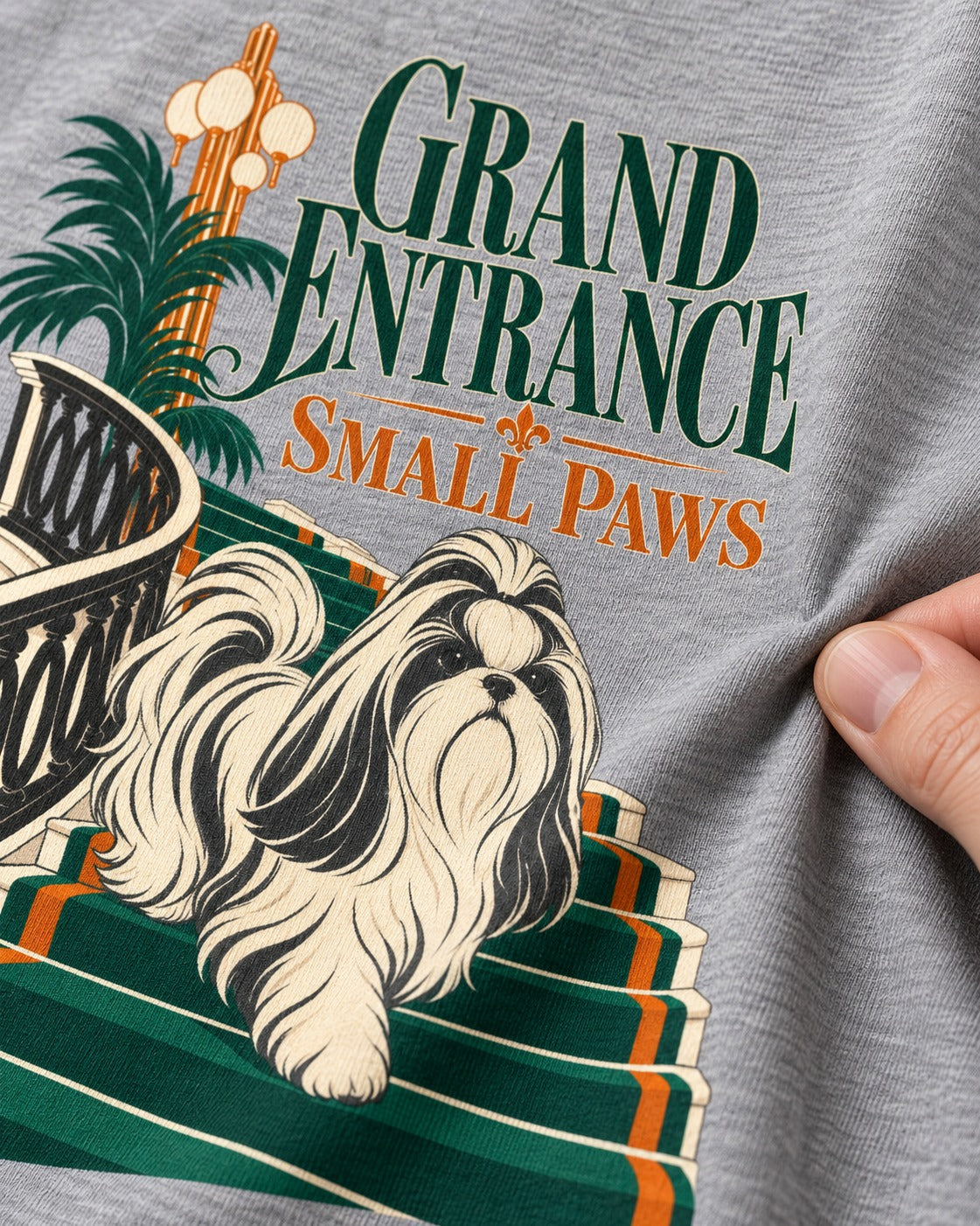 Shih Tzu Grand Entrance Small Paws Staircase Graphic T-Shirt in Sport Grey, close-up of the graphic