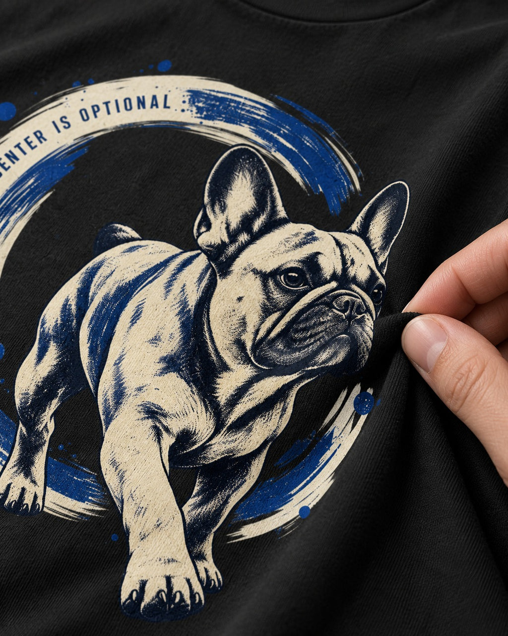 Frenchie Center Is Optional Brush Circle Graphic T-Shirt in Black, close-up of the graphic